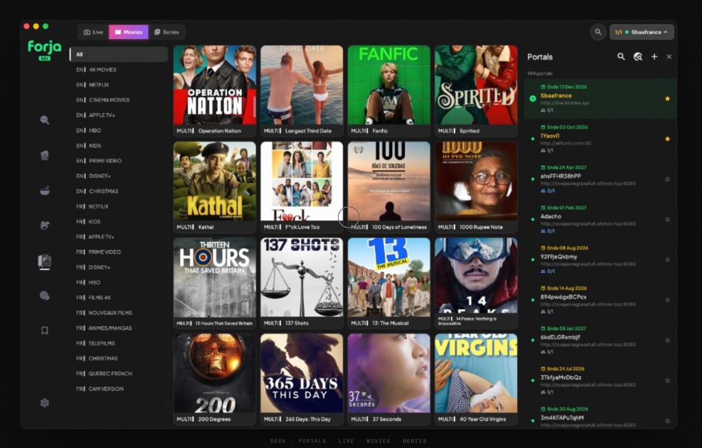 Forja IPTV desk - Live, Movies, and Series catalog with portals