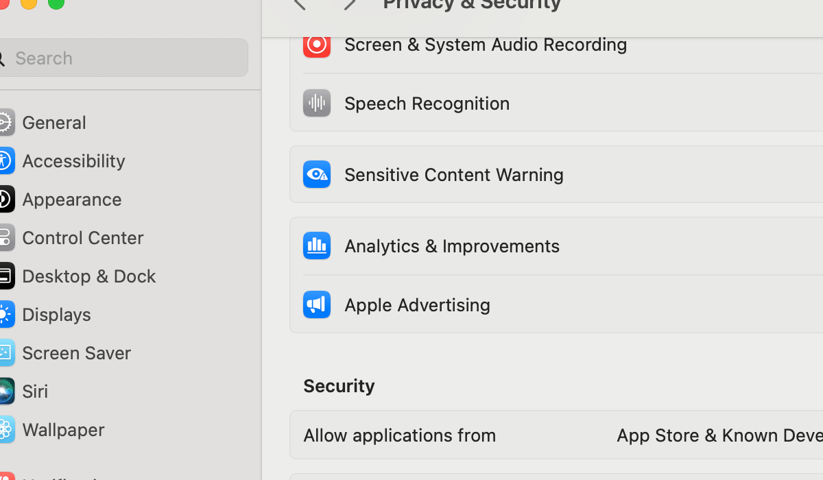 macOS System Settings - Privacy & Security