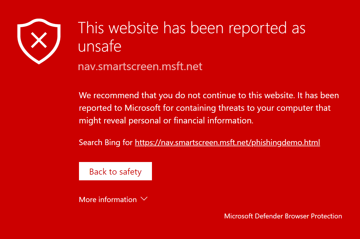 Microsoft Defender red screen - reported as unsafe